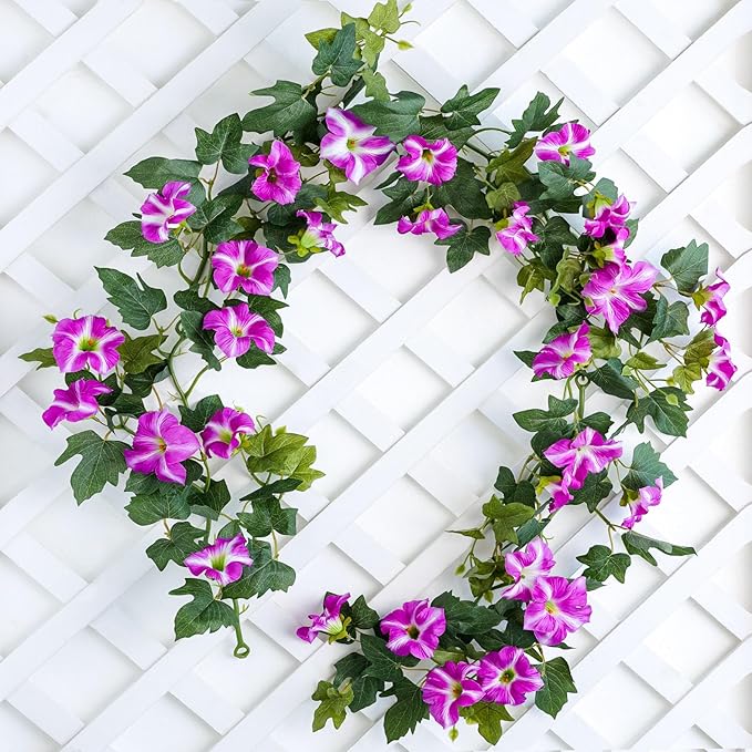 mizii Artificial Petunias Flower Vines Garland 6 Feet Purple Faux Morning Glory Silk Flowers Garland UV Resistant Fake Hanging Vines Plants Decorations for Outdoor Garden Indoor Home Decor (Purple)