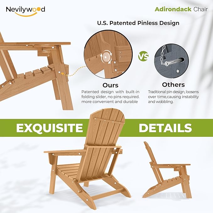 nevilywood Folding Adirondack Chair with Cup Holder Set of 4, HDPE Patio Chairs,All-Weather Outdoor Chairs for Backyard, Deck,Fire Pit-TeakBrown
