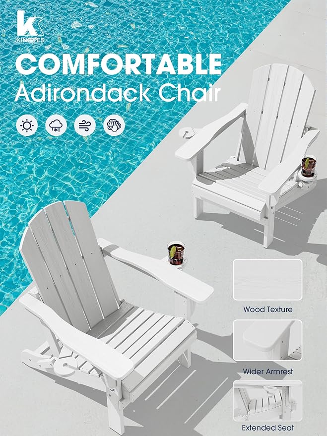 KINGYES Folding Adirondack Chair Set of 4, Dual Cup Holders & All-Weather HDPE, Wood-Like Patio Chair for Backyard, Camping, Pool & Fire Pit, White