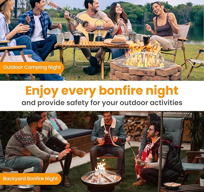 Fire Pit Spark Screen 36 Inch Round, Heavy Duty Stainless Steel Outdoor Fire Pit Screen Cover with Foldable Hook & Marshmallow Sticks, Mesh Spark Protector for Backyard, Camping, Beach