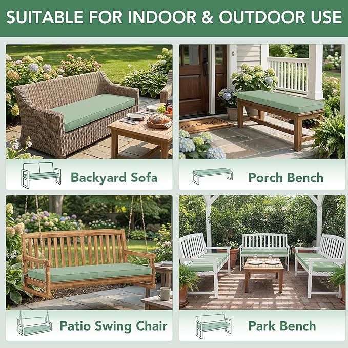 Outdoor Bench Cushion: Waterproof and Fade Resistant Patio Furniture Cushions - Non-Slip Bench Pad Cushion with Removable Cover for Garden Swing Porch Sofa Settee, 45 x 18 Inch, Sage Green