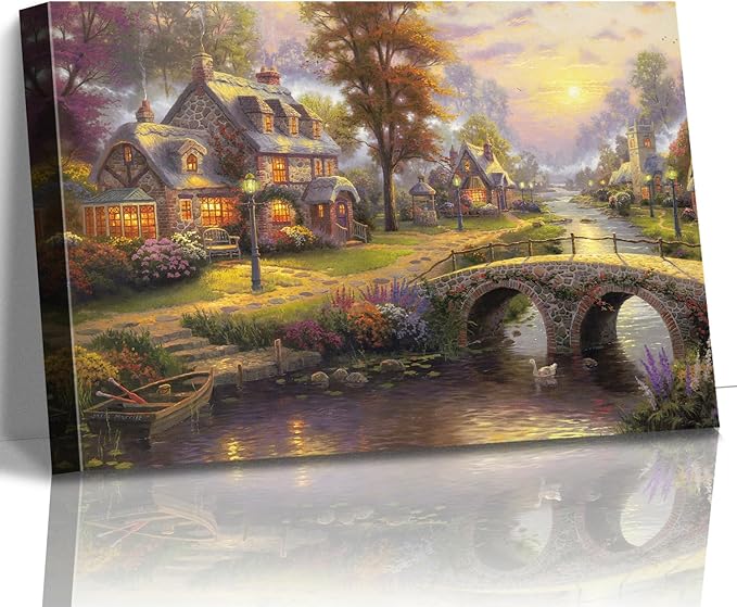 STUDIO HAVEN Thomas Kinkade Canvas Wall Art, River Village Stone Bridge Flower Filled Swan and Glowing Cottages Oil Painting Poster Rustic Wall Decor, Framed Prints for Home Decor, 40x28Inch