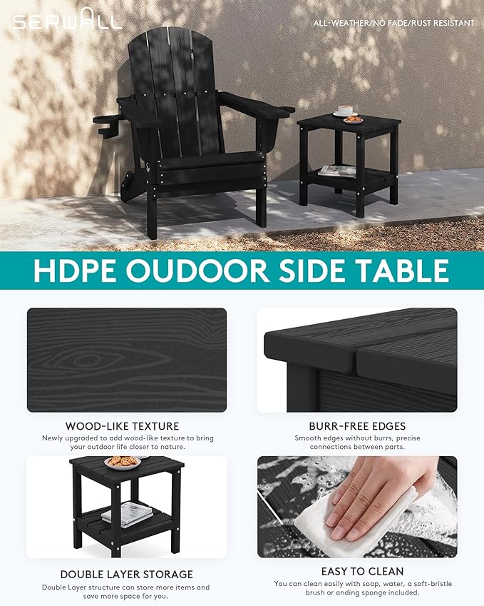 SERWALL 2-Tier HDPE Outdoor Side Tables Set of 4, Weatherproof Rectangular Adirondack Side Table, Black