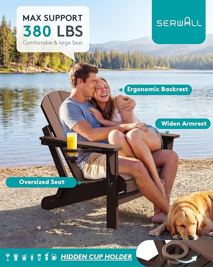 SERWALL Folding Adirondack Chair Set of 2, All Weather Adirondack Chairs with Cup Holder for Patio Garden Outdoors Fire Pit - Coffee