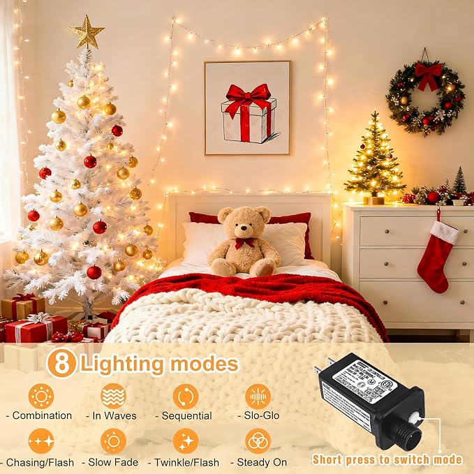 100FT 300 LED Outdoor String Lights, Connectable Christmas Lights Indoor Waterproof with 8 Modes, Plug in Twinkle Fairy Lights Clear Wire for Bedroom Home Wedding Patio Decorations, Warm White