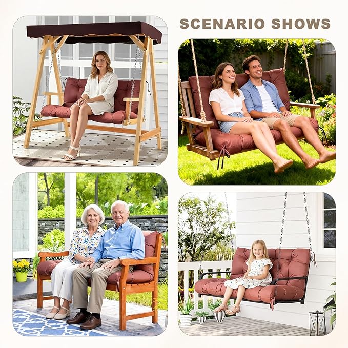 Porch Swing Cushion with Backrest,Waterproof Bench Cushion for Outdoor Furniture,2-3 Seater Replacement Thickened Swing Cushion with Ties,Patio,Outdoor,Backyard and Garden (Coffee,40x40)