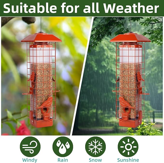Squirrel Proof Bird Feeder, Metal Mesh Bird Feeder for Outside, Large Capacity and 4 Ports Perches (Orange)