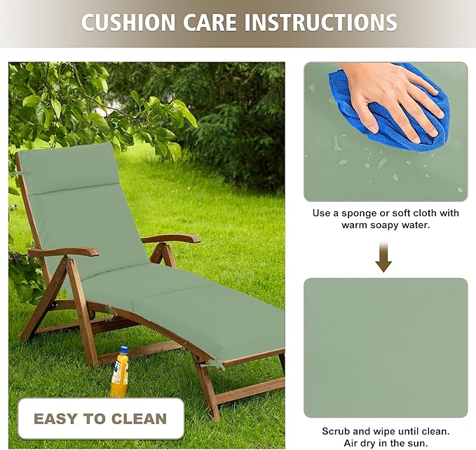 Chaise Lounge Cushion 72x21x3 Inch – Set of 2 Outdoor Lounge Chair Cushions, Lounger Pad Replacement with Fade-Resistant, Removable & Machine-Washable Covers, Ideal for Patio Chaise Chairs, Sage Green