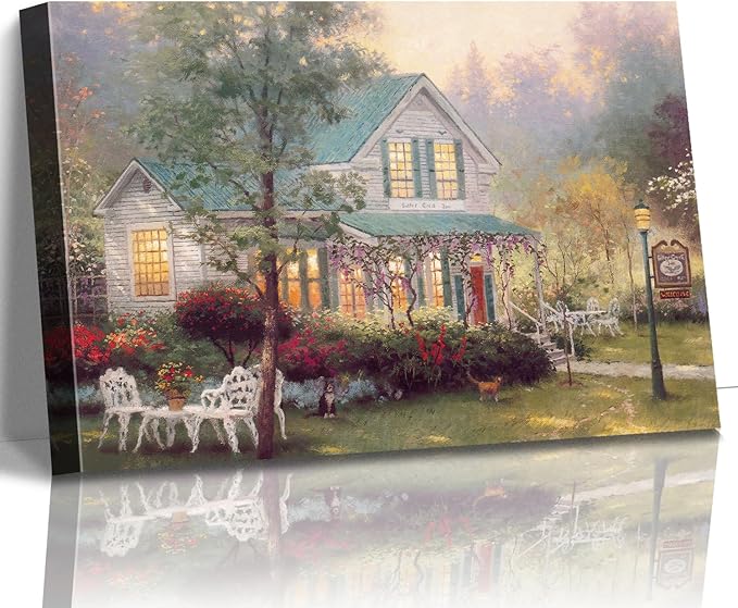 STUDIO HAVEN Thomas Kinkade Canvas Wall Art, Cyan-Roofed Cottage Vine-Covered Porch Flower Garden Relaxing Pets Oil Painting Poster Cozy Retreat Wall Decor, Framed Prints for Home Decor, 40x28Inch