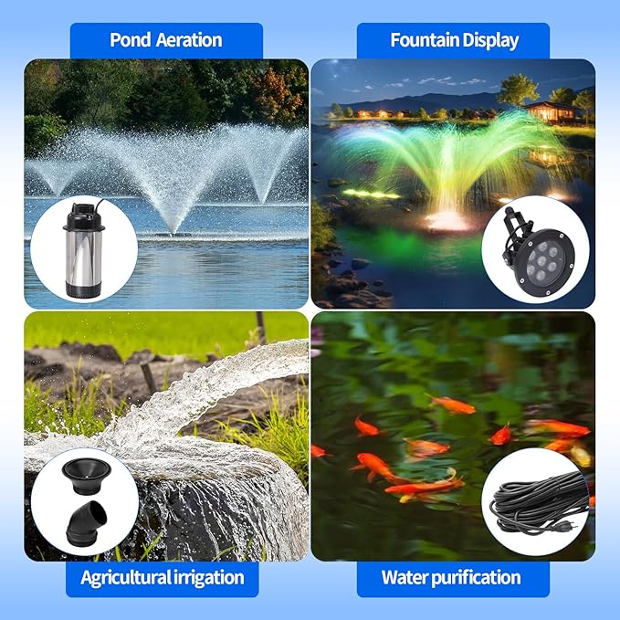 1HP Pond Fountain Aerator for Large Pond & Lake, 15000 GPH Pond Fountain with 4 RGB Lights, 110V/750W Stainless Steel Floating Aerating Fountain with Timer, 100 ft Power Cord & 200 ft Nylon Rope