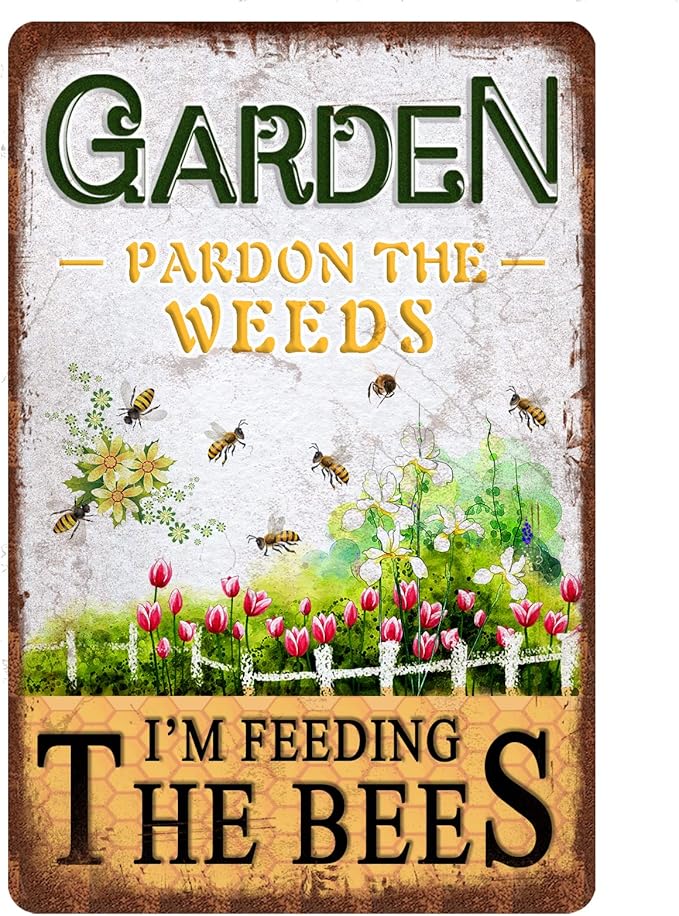 Vintage Garden Tin Signs - Retro Backyard Wall Decor Metel Signs Gift For Gardening Lovers - i'm feeding the bees