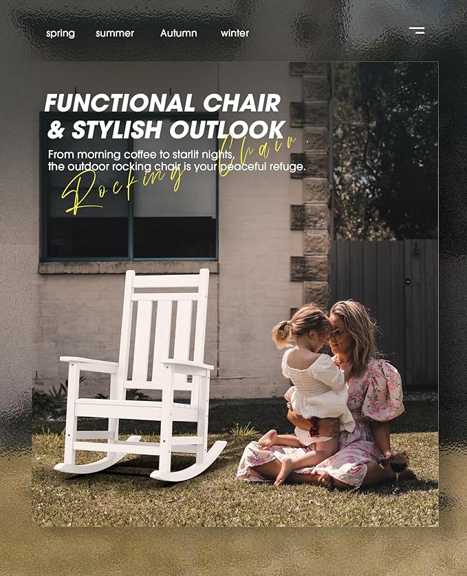 KINGYES Oversized Outdoor Rocking Chair Set of 6, All-Weather Patio Rocking Chairs for Porch, HDPE Outdoor Patio Rockers with High Back & Wide Seat for Garden, Lawn, White