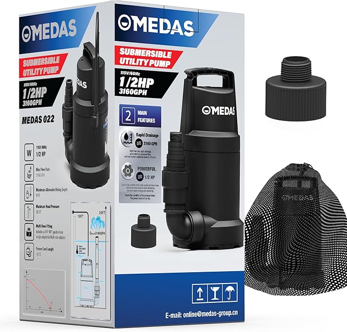 MEDAS Portable Sump Pump for Swimming Pool, Garden Pond, Basement Water Removal with 10ft Power Cord 1HP