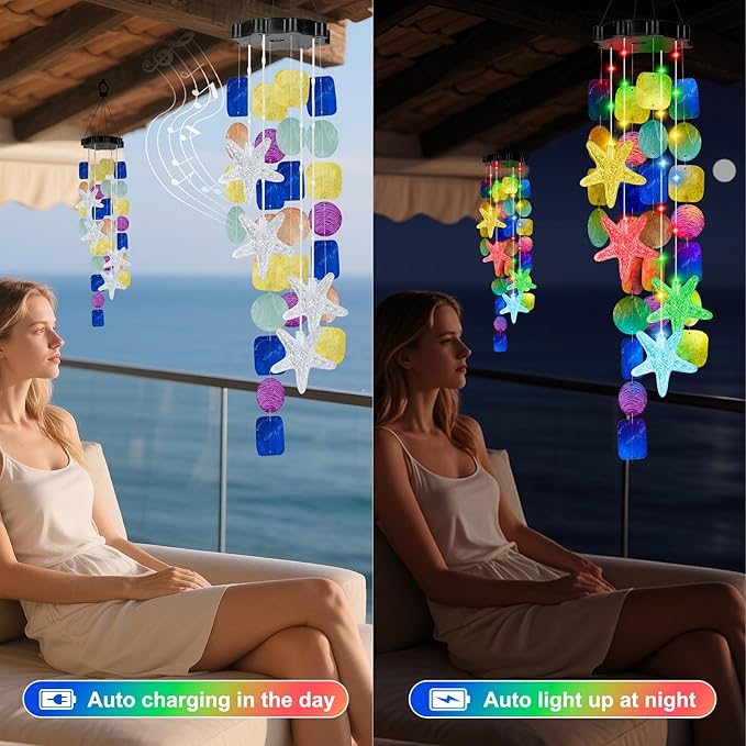 Solar Starfish Wind Chimes for Outside Mobile Shells Wind Chimes Hanging Decorative Lights for Holiday Garden Porch Yard Window Party Outdoor Decor, Gift for Mom Grandma Wife Girlfriend Neighbors
