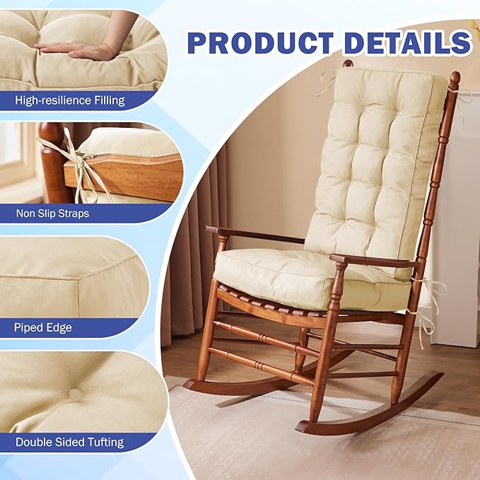 Rocking Chair Cushion, Waterproof and Fade-Resistant Patio Chair Cushions, Tufted Chair Pads for Rocker Furniture, 18x18 Inch, Indoor/Outdoor Seat Cushions with Ties, Beige