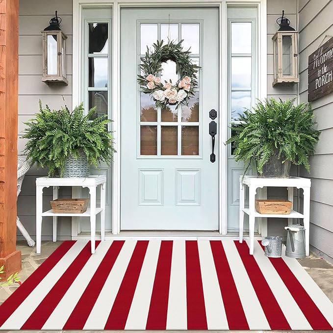 IOHOUZE Christmas Door mat 4x6 Ft Orange Red Striped Area Rug Washable Front Porch Rug Striped Door Mat Outside Entrance Entryway Doormat for Christmas, Winter Porch Decor