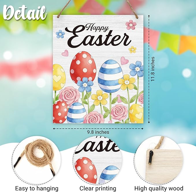 Easter Welcome Sign for Front Door, Happy Easter Door Sign Decor, Floral Egg Rectangle Wood Sign Hanger for Outdoor Farmhouse Garden Porch Home - C04