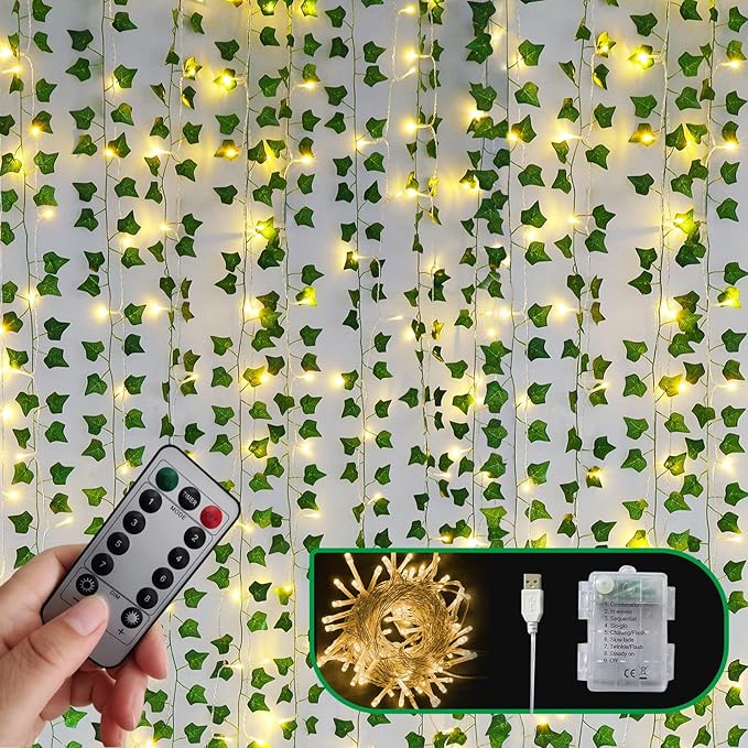 Artificial Vines with LED Fairy Lights, 33ft Green Silk Ivy Garland, 8 Light Modes, Remote Control, Indoor Decor for Bedroom, Living Room, Wedding, Party