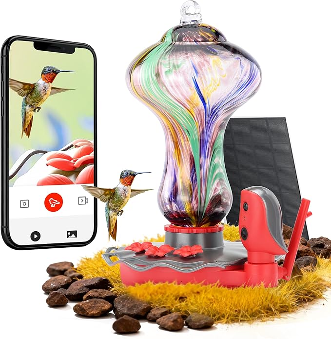 TT Nature Glass Smart Hummingbird Feeder with Camera Solar Powered 2K- AI Identify & Water Detection, Instant Notification, Leakproof & Ant Moat, Compatible with Alexa & Google Assistant