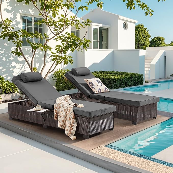 Outdoor Lounge Chairs, Pool Lounge Chairs Set of 2, Outdoor Chaise Lounge with Adjustable Backrest & Cup Holder,Grey