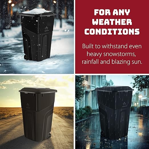 Trash Can With Lid - Ultimate Strength 32 Gallon Wheeled Garbage Can Trash Container - Professional Grade Outdoor Waste Bin with Secure Snap Lid and Ergonomic Handles, Outdoor Recycling Bins, 2 Pack