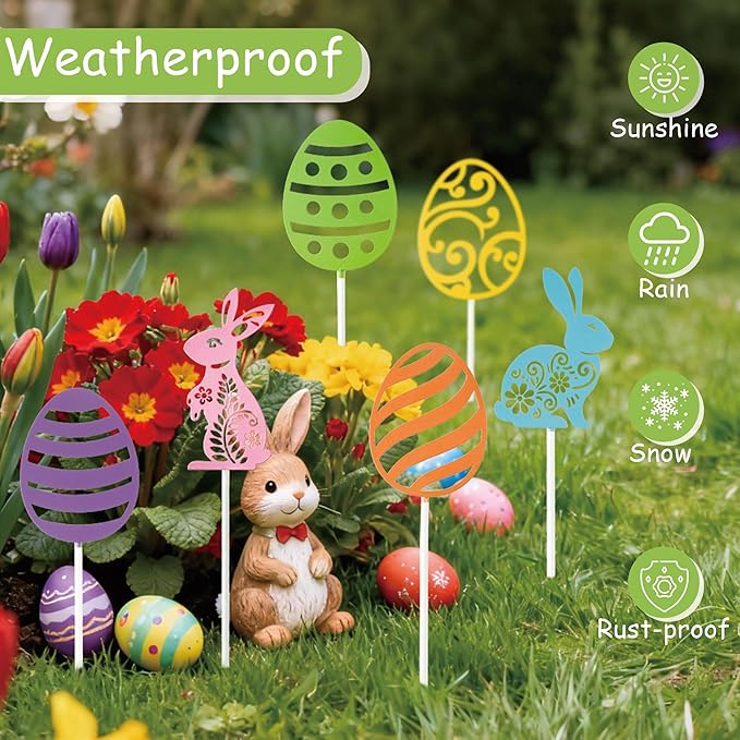 Metal Easter Day Planter Stakes - 6 Pcs Cute Bunny Yard Sign Easter Egg Cut-Out Decorative Garden Stake for Planter Outdoor Backyard Pathway Lawn Plant Flower Pots Decor Spring Party Supply