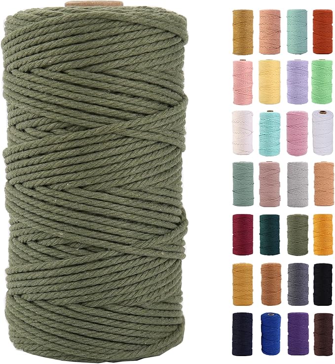 Army Green Macrame Cord 3mm x 109Yards,Colored Cotton Rope Colorful Cotton Cord Soft Craft Cord Twine for Wall Hanging Plant Hangers Crafts Decorative Projects