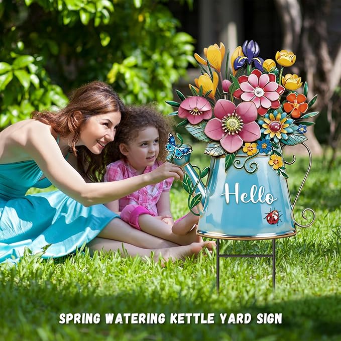 Spring Yard Sign Outdoor Yard Decoration with Stakes Waterproof Flower Metal Garden Lawn Stake Sign Decoration for Patio Lawn Walkway Courtyard Party Decor