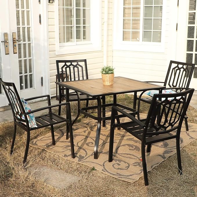 PHI VILLA 5 Piece Patio Dining Set Metal Outdoor Table and Chairs Furniture Set, 37" Square Bistro Table with Umbrella Hole and 4 Backyard Garden Chairs Support 300LBS for Deck, Lawn, Garden