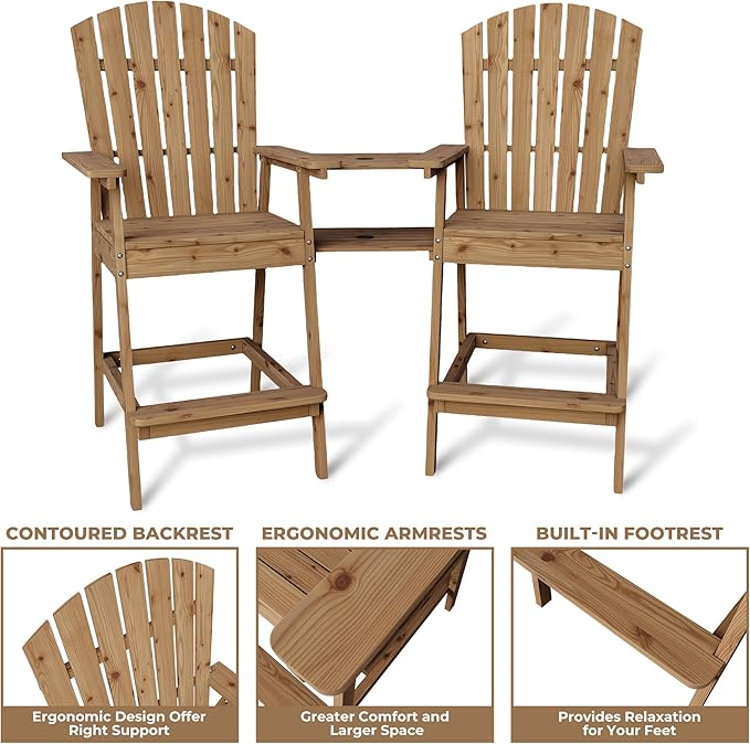GarveeLife Outdoor Bar Height Adirondack Chairs with Connecting Tray, Balcony Chairs Adirondack for Deck, Backyard, Outdoor Tall Adirondack Chairs, Patio High Set of 2, Natural Wood