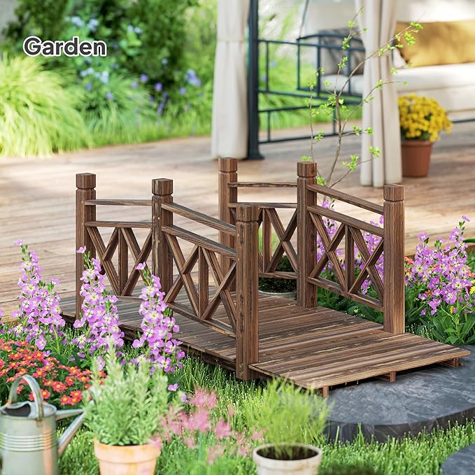 5FT Wooden Garden Bridge with Handrails, Decorative Landscape Footbridge for Yard, Pond, Farm or Creek - Rust-Resistant Cedar Construction, Easy Assembly & 300LB Capacity