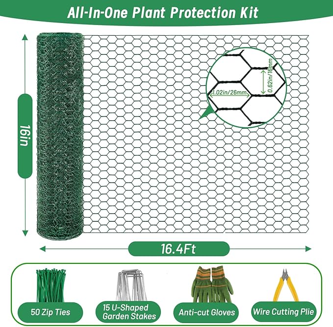 Convivium Plant Protectors from Animals, 0.8mm Free-Cut Green Chicken Wire Mesh, PVC Coated Tree Trunk Guard & Garden Fence for Outdoor Plants with Zip Ties, Stakes, Pliers, Gloves（16.4Ft*16In）
