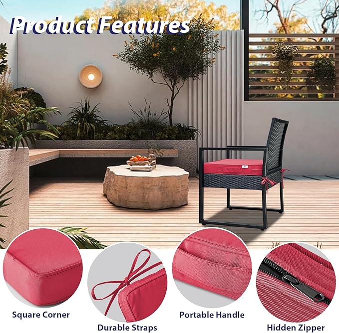 Outdoor Chair Cushions Set of 4,Waterproof Outdoor Seat Cushions for Patio Furniture,Patio Chair Cushion with Handle and Ties, Square Out Door Chair Pads,17" x 16" x 2", Burgundy