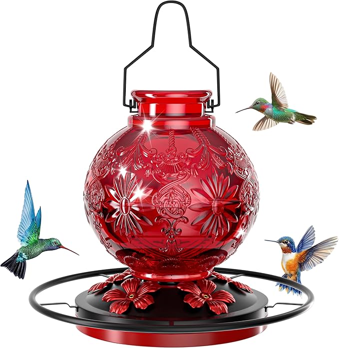 Glass Hummingbird Feeder for Outdoors, 25Oz Large Decorative Hanging Hummingbird Feeder, Leak Proof Durable Wild Bird Feeders, Hummingbird Gifts for Women & Mom, Garden Decor Window Feeder, Red