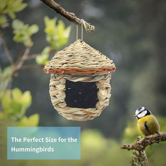 Gute Hummingbird House, Grass Hand Woven Birdhouses for Outdoors Hanging, Natural Bird Hut for Outside, Bird Houses for Audubon Finch Canary Chickadee - Set of 2