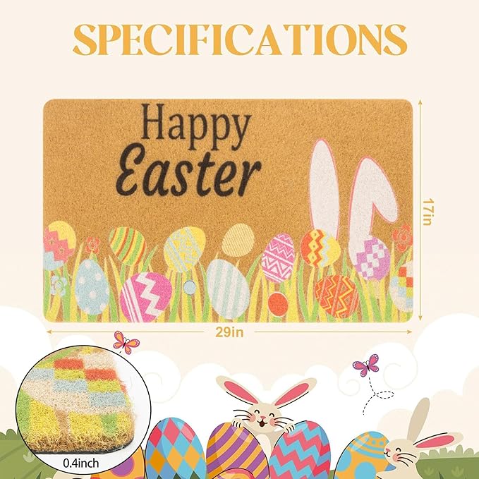Easter-Decorative-Welcome-Doormat Outdoor-Entrance Easter Bunny Door Mat Non Slip Coir Front Door Mats for Spring Home Decor 17" x 29"