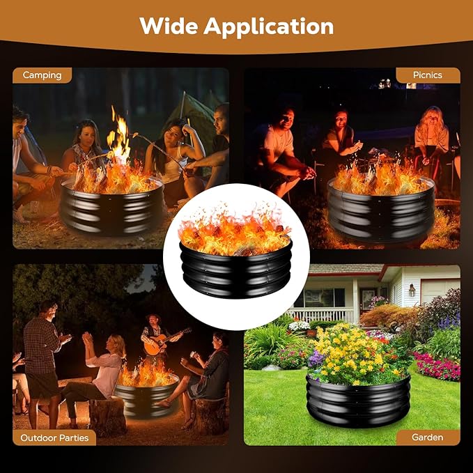 36 Inch Round Galvanized Fire Pit Ring, Round Galvanized Fire Ring, 3 Feet Diameter Round fire Pit, Outdoor fire Pit for Backyard, Camping, Bonfire, Black