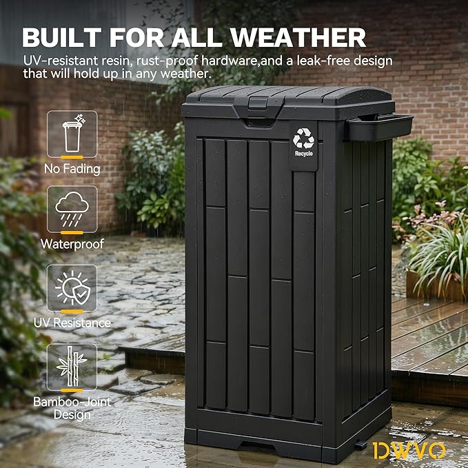 DWVO 38 Gallon Outdoor Trash Can, Resin Garbage Bin with Lid, Includes 2 Sorting Labels, Ash Holder, Stakes & Suction Cups, Hideaway Storage for Patio Backyard Garden, Black