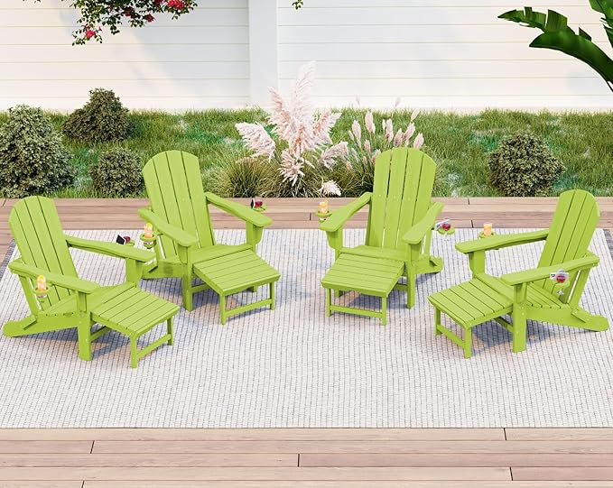 KINGYES Folding Adjustable Adirondack Chair with Ottoman Set of 4, HDPE Adirondack Recliner Chair with Footrest, Apple