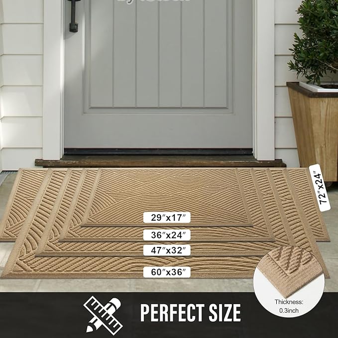 Sturdy Front Door Mat, Absorbent Muddy Dirt Resist Welcome Door Mats Outdoor Indoor, Stain and Fade Resistant, Non-Slip Backing Entry Mat Low Profile Doormat for Entryway, 72×24, Beige