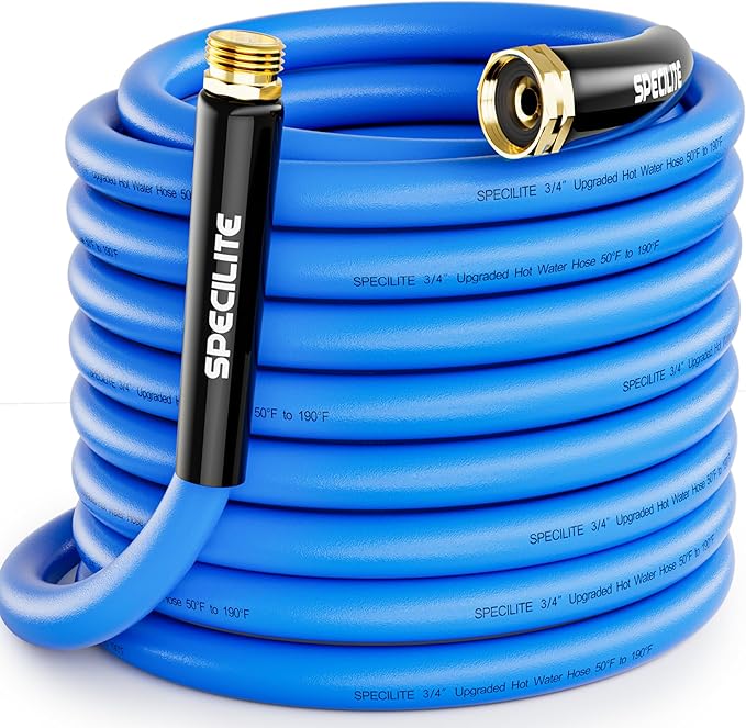 SPECILITE Hot/Cold Garden Water Hose 50 ftx 3/4 in, -50℉ To 190℉, Heavy Duty, Flexible, Burst 605 Psi, Lightweigh, Upgraded Rubber Pipe with 3/4" Brass Fittings For Backyard, Outdoor, Farm, Blue
