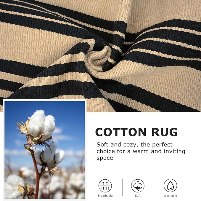 IOHOUZE Black and Tan Striped Rug 5'x7' Indoor Outdoor Rug, Washable Area Rug for Living Room, Large Patio Rug, Cotton Striped Rugs for Patio Living Room Bedroom