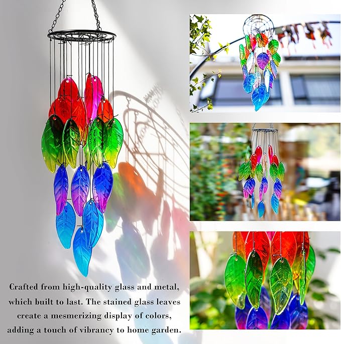 18'' Stained Glass Leaves Wind Chimes for Outside Unique Rainbow Leaves Forest Windchimes Outdoor Decoration Garden Decor