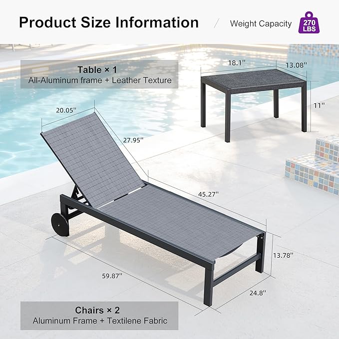PURPLE LEAF Chaise Lounge Chair with Wheels for Outside 2 Pieces Aluminum Outdoor Chaise Lounge Chairs with 5 Adjustable Position Recliner for Patio Beach Yard Pool Side Table Included Mixed Grey