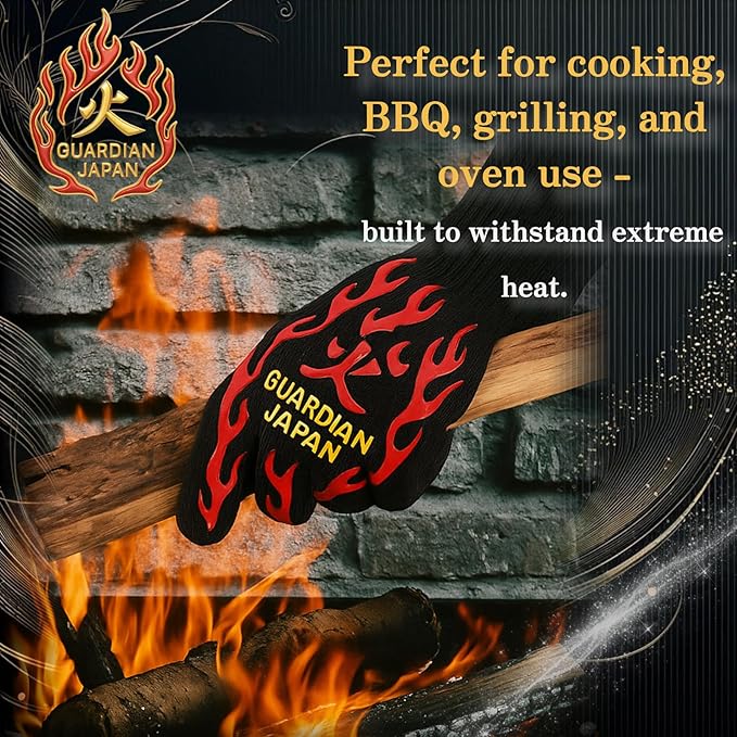 Premium Heat Resistant BBQ Gloves – Fireproof 1472°F Aramid Grill Mitts for Barbecue, Smoker, Campfire, Fire Pit, Oven, Japanese Supervised Design (炎-HONO-Red, M)