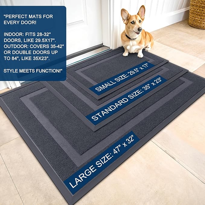 OLANLY Front Door Mat Indoor Outdoor Entrance, Waterproof All-Season, All-Weather Doormat, Sturdy Natural Rubber, Fade Resistant, Low Profile, Easy Clean Patio Porch Entryway Mat, 59x40, Light Grey