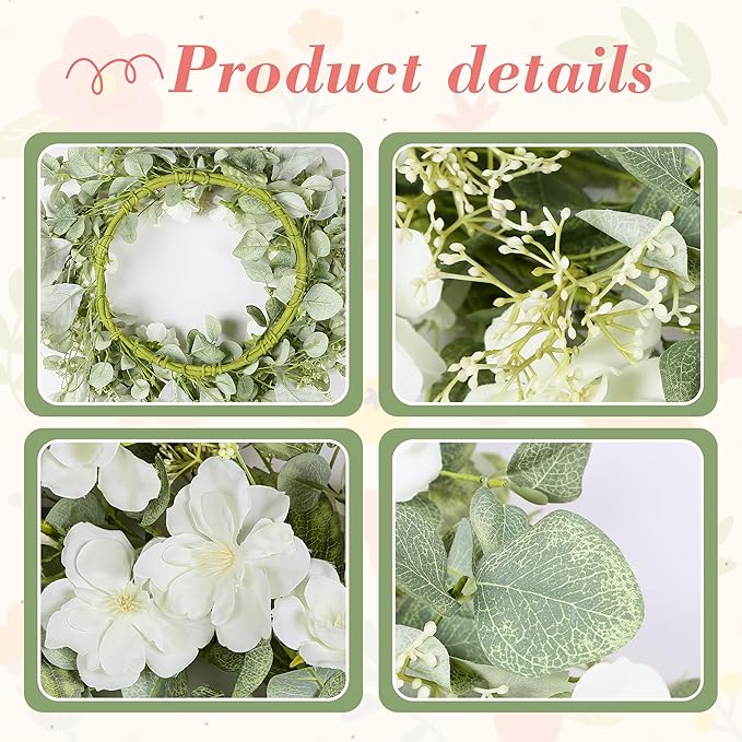 YNYLCHMX 18" Spring Summer Wreaths for Front Door, Artificial Floral Wreath with White Rose Flowers Green Eucalyptus Leaves, Green Foliage Wreath for Wall Window Farmhouse Party Holiday Home Decor