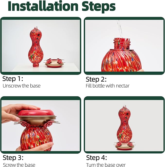 Hummingbird Feeder for Outdoors Hanging, Hand Blown Glass 24 OZ Capacity Hummingbird Bird Nectar Feeders with 4 Feeding Ports, Gifts for Women Mom Outside Garden Backyard Decor (Red-Green)