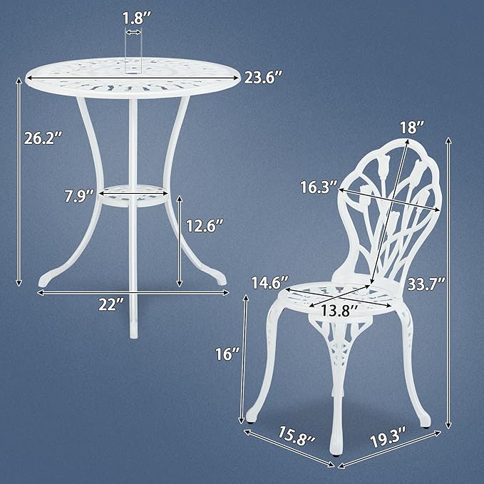 VINGLI 3 PCS Outdoor Bistro Set, Outdoor Patio Set, All-Weather Cast Aluminum Bistro Table Set, Bistro Table and Chairs Set of 2 for Backyard, Garden, Balcony (White, Tulip)