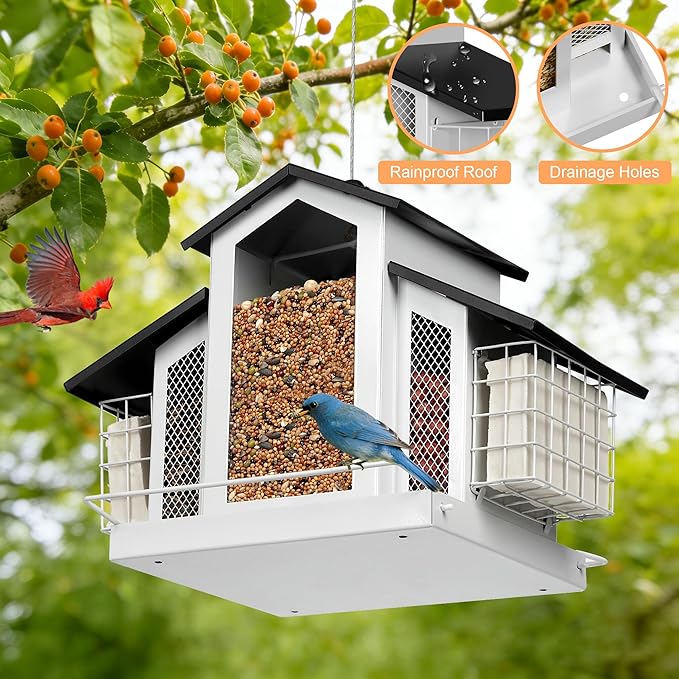 White Metal Bird Feeder Birdhouse, Outdoor Hanging Wild Bird Feeders for Outdoors, Perfect Birdhouses for Outside Bird Lovers